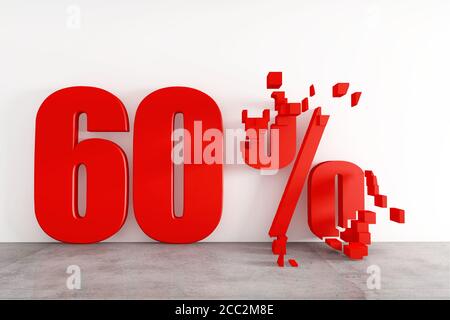 Rendering 3D dell'icona rossa al sessanta per cento su sfondo bianco Foto Stock