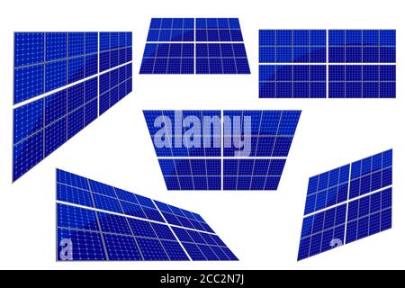 Set di pannelli solari isolati su sfondo bianco. Concetto di energia rinnovabile. Moderno eco verde alternativo Energy.Blue cellula solare Collection.Stock vettore Illustrazione Vettoriale