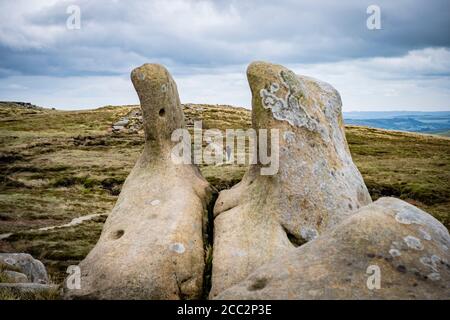 Weathered gritstone massi su Kinder Scout, Peak District, Derbyshire, England, Regno Unito Foto Stock