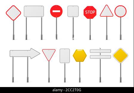 Raccolta segnaletica stradale. Vettore realistico insieme di schede di segnalazione traffico vuoto forme diverse per attenzione, avviso, limite di velocità e avviso di direzione isolati su sfondo bianco Illustrazione Vettoriale