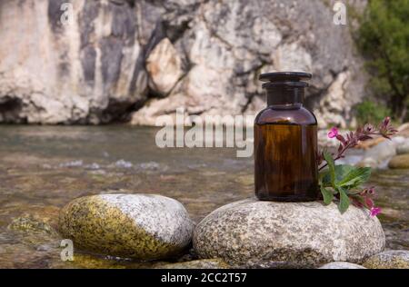 Concetto di medicina alternativa di erbe, olio di cbd, industria farmaceutica. Foto Stock