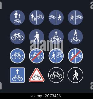 Segnali stradali di avvertenza per bicicletta e traffico pedonale - icona a forma di illustrazione impostare isolato Illustrazione Vettoriale