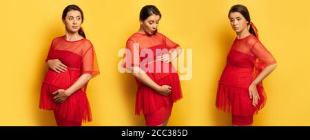collage di giovane donna incinta che tocca il ventre e si preoccupa mentre tocca l'anca sul concetto giallo, panoramico Foto Stock