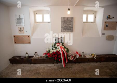 Pirna, Germania. 17 agosto 2020. Una corona commemorativa si trova nell'area d'ingresso del memoriale di Pirna-Sonnenstein. Con l'idea dell'igiene razziale, migliaia di persone sono state assassinate a Pirna-Sonnenstein dai socialisti nazionali in un programma di eutanasia. Con il decreto circolare del 18 agosto 1939, solo i bambini e poco dopo gli adulti ammalati o disabili sono stati uccisi nell'azione T4 in un omicidio sistematico di massa. Credit: Daniel Schäfer/dpa/Alamy Live News Foto Stock