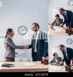 collage di businesswoman e businessman sopportato scuotendo le mani e guardando nei documenti mentre si parla in ufficio Foto Stock