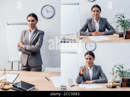 collage di bruna avvocato in piedi con le braccia incrociate e puntando con il dito in ufficio Foto Stock