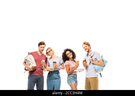 Studenti multietnici con caffè da andare, libri e smartphone isolati su bianco Foto Stock