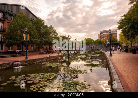 Frederick, MD, USA 08/14/2020: Una vista pomeridiana del Carroll Creek Park, nel centro di Frederick. Un ruscello scorre attraverso strade acciottolate dove la gente Foto Stock