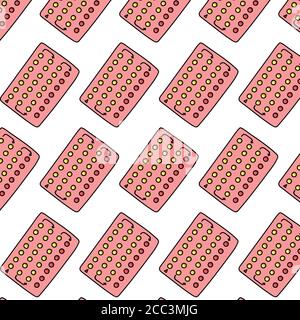 pillole di controllo delle nascite modello di doodle senza giunture, illustrazione di colore vettoriale Illustrazione Vettoriale