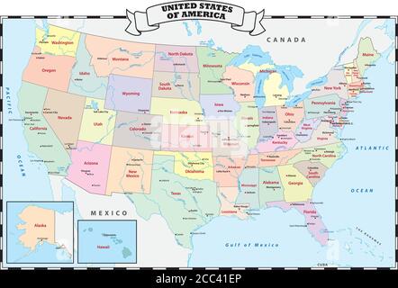 Mappa vettoriale amministrativa e politica degli stati uniti colorata Illustrazione Vettoriale