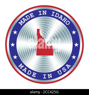 Marchio di produzione locale, adesivo, sigillo, timbro, Made in Idaho. Segno rotondo di ologramma per il disegno dell'etichetta e il marketing nazionale degli Stati Uniti Illustrazione Vettoriale