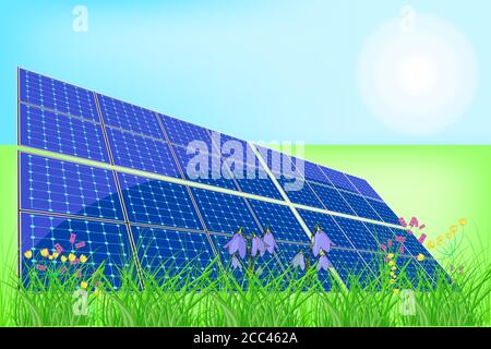 Pannelli solari batterie in un prato. Centrale di energia solare sull'erba. Energia solare rinnovabile e sostenibile. Giornata mondiale dell'ambiente. Vettore stock Illustrazione Vettoriale