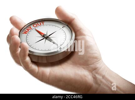 Mano dell'uomo che tiene la bussola con l'ago che punta la via del testo verso l'esterno su sfondo bianco. Concetto di piano o strategia di uscita dalla crisi. Immagine composita tra Foto Stock