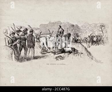 L'assassinio di Powell. STATI UNITI. 1872 l'illustrazione mostra un gruppo di lavoratori immigrati irlandesi con club che si erigano sul corpo del lavoratore afroamericano De Foto Stock