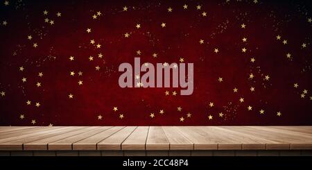 Sfondo colorato piattaforma di legno: confetti di natale. (Immagine generata digitalmente dal computer di rendering 3D). Foto Stock