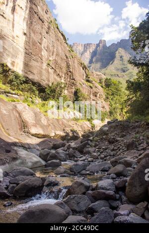 Una ripida scogliera di arenaria della Gola di Tugela a Natal reale, nei Monti Drakensberg del Sud Africa, con parte dell'Anfiteatro nel backgro Foto Stock