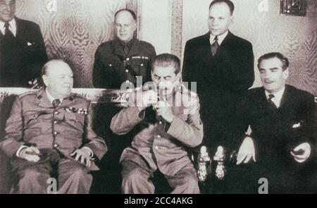 Il leader comunista dell'URSS Joseph Stalin e il primo ministro britannico Winston Churchill durante i colloqui bilaterali a Mosca nell'ottobre 1944. Mosca, URSS. Foto Stock