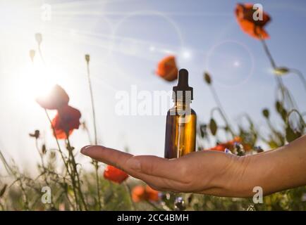 Bottiglie di cosmetici organici, olio essenziale fuoco selettivo. Foto Stock