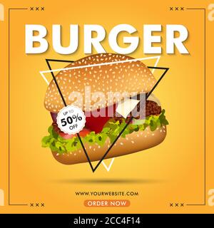Deluxe king size Burger ads Banner Flyer modello di copertina con gustosi condimenti come pomodoro, ketchup, cipolla e verde guarnitura su sfondo arancione Illustrazione Vettoriale