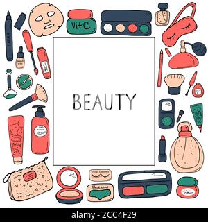 Set di bellezza per carte, poster, striscioni, adesivi, cataloghi, libri. Prodotti per la cura della pelle e trucco per il negozio di cosmetici, negozio online. Icone simpatici per la stampa e. Illustrazione Vettoriale