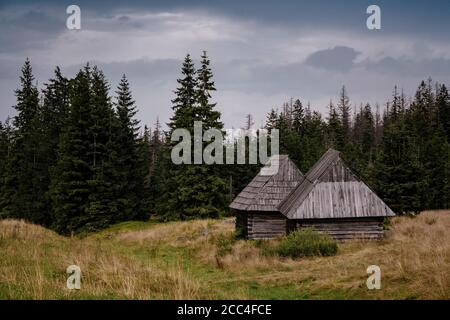 Percorso attraverso la Valle di Gasienicowa nelle montagne di Tatra, Polonia. Maltempo autunno su belle case di legno nei prati ai piedi delle colline. Foto Stock