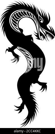 drago nero isolato per tatuaggio o stampa in stile orientale Illustrazione Vettoriale