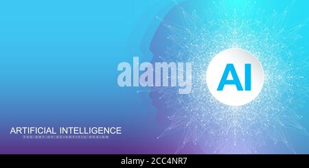 Intelligenza artificiale e concetto di vettore di apprendimento automatico in rete neurale. Ai Web Banner Design con il volto umano. Comunicazione flusso onda. Digitale Illustrazione Vettoriale