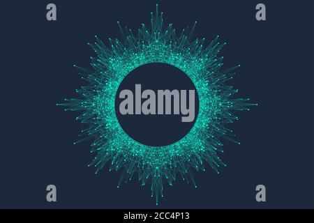 Quantum computer concetto tecnologico. Sfera di sfondo di esplosione. Apprendimento profondo di intelligenza artificiale. Grandi algoritmi di dati di visualizzazione. Flusso di onde Illustrazione Vettoriale