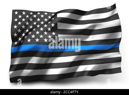 Bandiera nera della materia delle vite, con una striscia di bue, che soffia nel vento. Bandiera a strisce bianche e nere degli Stati Uniti, isolata su sfondo bianco. Illustrazione 3D Foto Stock