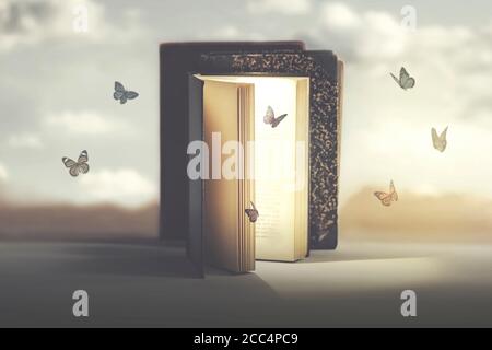 concetto di libertà e fantasia delle farfalle che escono un libro misterioso Foto Stock