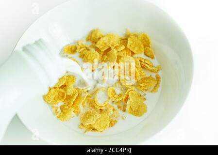 cereali con latte in un piatto bianco per la colazione, spazio per il testo, isolare Foto Stock