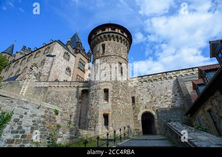 Wernigerode, Germania. 04 agosto 2020. Un ingresso al Castello di Wernigerode. I giardini del castello fanno parte della rete 'Garden Dreams - Parchi storici in Sassonia-Anhalt' che celebra il suo 20 ° anniversario di quest'anno. Credit: Klaus-Dietmar Gabbert/dpa-Zentralbild/ZB/dpa/Alamy Live News Foto Stock