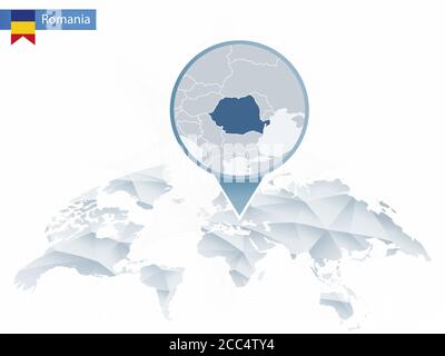 Mappa del mondo arrotondata astratta con mappa dettagliata della Romania. Mappa e bandiera della Romania. Illustrazione vettoriale. Illustrazione Vettoriale