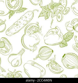 Disegno vettoriale. Mix vegetale monocromo senza cuciture. Immagine vettoriale disegnata a mano isolata su sfondo bianco Illustrazione Vettoriale