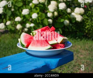 fette di anguria matura su un piatto nel giardino Foto Stock