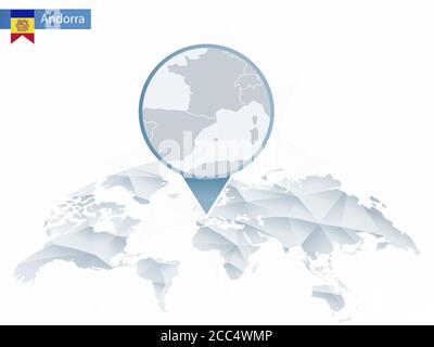 Mappa del mondo arrotondata astratta con mappa dettagliata di Andorra inchiodata. Illustrazione vettoriale. Illustrazione Vettoriale