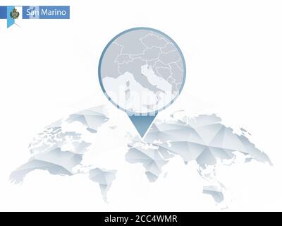 Mappa del mondo arrotondata astratta con mappa dettagliata di San Marino. Illustrazione vettoriale. Illustrazione Vettoriale