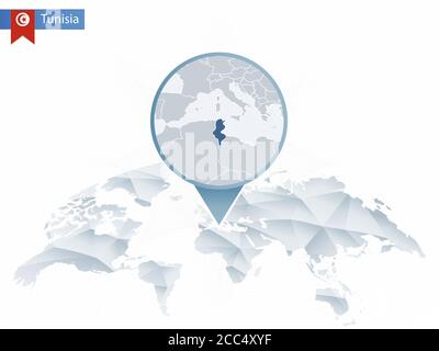 Mappa del mondo arrotondata astratta con mappa dettagliata della Tunisia. Mappa e bandiera della Tunisia. Illustrazione vettoriale. Illustrazione Vettoriale