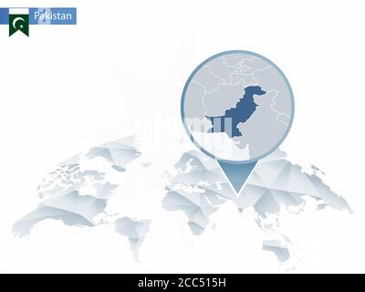 Mappa del mondo arrotondata astratta con mappa dettagliata del Pakistan. Mappa e bandiera del Pakistan. Illustrazione vettoriale. Illustrazione Vettoriale