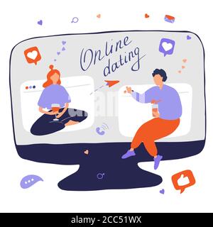 Internet dating. Internet flirting e relazioni. Servizio mobile, applicazione per incontri stranieri. Illustrazione vettoriale piatta Illustrazione Vettoriale