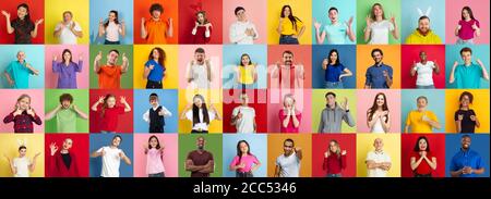 Collage di ritratti di 38 giovani emotivi su sfondo multicolore. Concetto di emozioni umane, espressione facciale, vendite. Sorridente, gesto del cuore, pollice su, felice, festeggiando, indicando, scioccato. Foto Stock