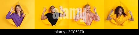 Collage di ritratti di 9 giovani emotivi su sfondo giallo. Concetto di emozioni umane, espressione facciale, vendite. Breakthrought sullo sfondo. Mostrando bel gesto fresco, sorridente allegro. Foto Stock