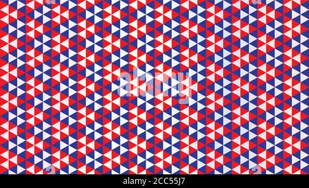 Triangoli astratti ornamento. Modello di disegno con ripetizione geometrica senza giunture. Sfondo con forme triangolari. Tema di colore blu scuro, rosso e bianco. Illustrazione Vettoriale