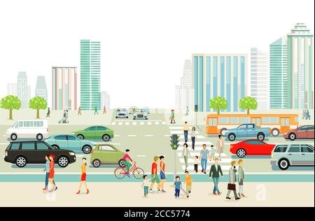 Grande città con traffico, pedoni e alti edifici Illustrazione Vettoriale