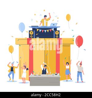 Gruppo di persone che festeggiano buon compleanno, vettore flat illustrazione Illustrazione Vettoriale