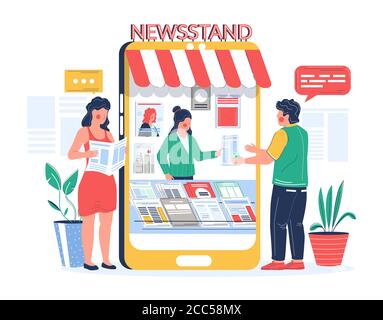 Edicola digitale. La gente che compra e legge la rivista di giornale in linea, l'illustrazione piatta del vettore Illustrazione Vettoriale