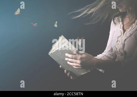 i sogni si trasformano in farfalle e escono da a. libro magico Foto Stock