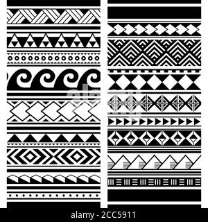 Tattoo Maori polinesiano vettore senza giunture due serie di pattern, design hawaiano tribale geometrico monocromo Illustrazione Vettoriale