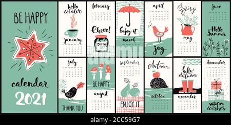 Stile moderno disegnata a mano cartoon vettoriale 2021 calendario con mano simboli mensili poco voluminosi disegnati Illustrazione Vettoriale