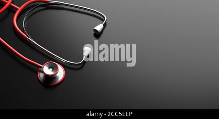 Stetoscopio medico di colore rosso su sfondo nero. Diagnosi di controllo di salute, modello di assistenza sanitaria. Strumento diagnostico per il test del battito cardiaco, documentazione cardiologica Foto Stock